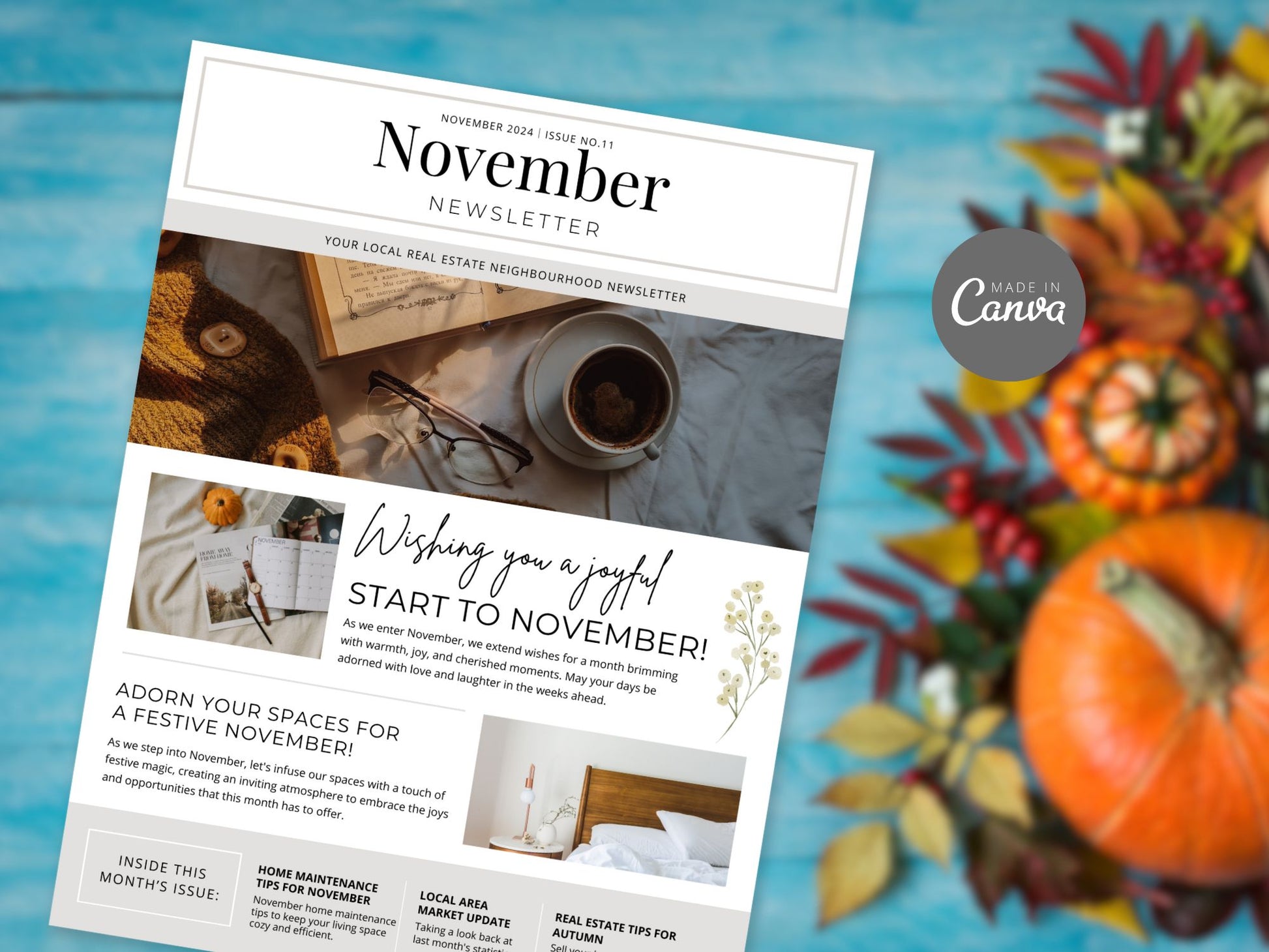 Minimal November Newsletter 2024 template for real estate professionals, featuring market
updates and seasonal advice.