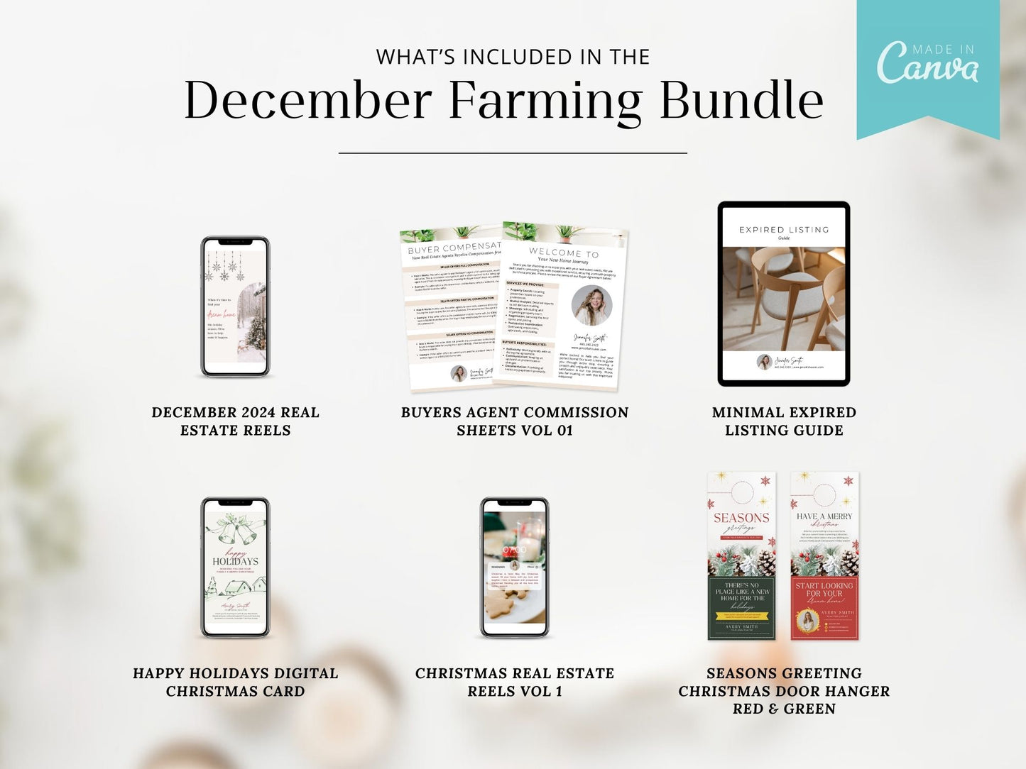 December Real Estate Farming Bundle with festive postcards, flyers, and letters for holiday marketing.