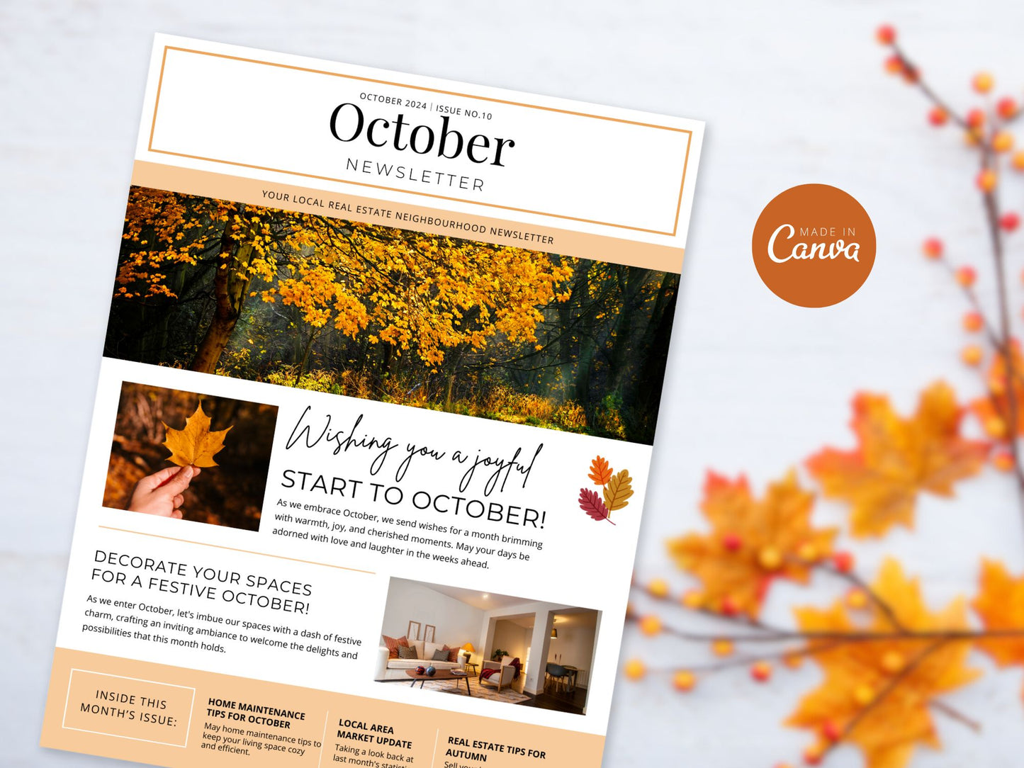 Minimal October Newsletter 2024 template for real estate professionals, featuring market
updates and seasonal tips.