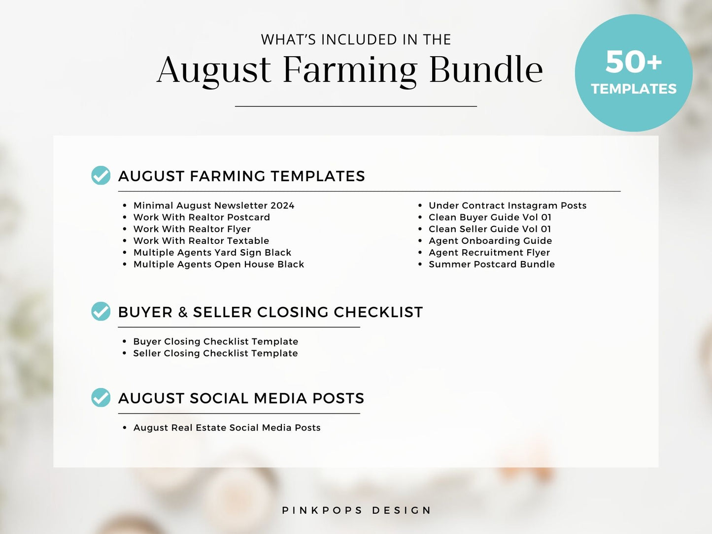 August Farming Bundle - Comprehensive set including newsletters, postcards, and flyers for real estate marketing.