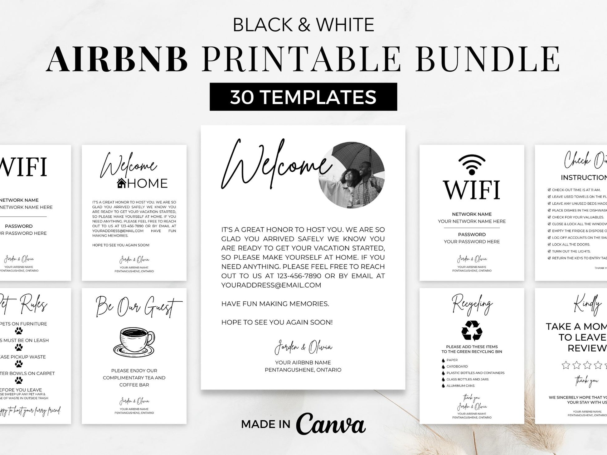 Black & White Airbnb Printable Bundle - Stylish and minimalist templates for seamless vacation rental management