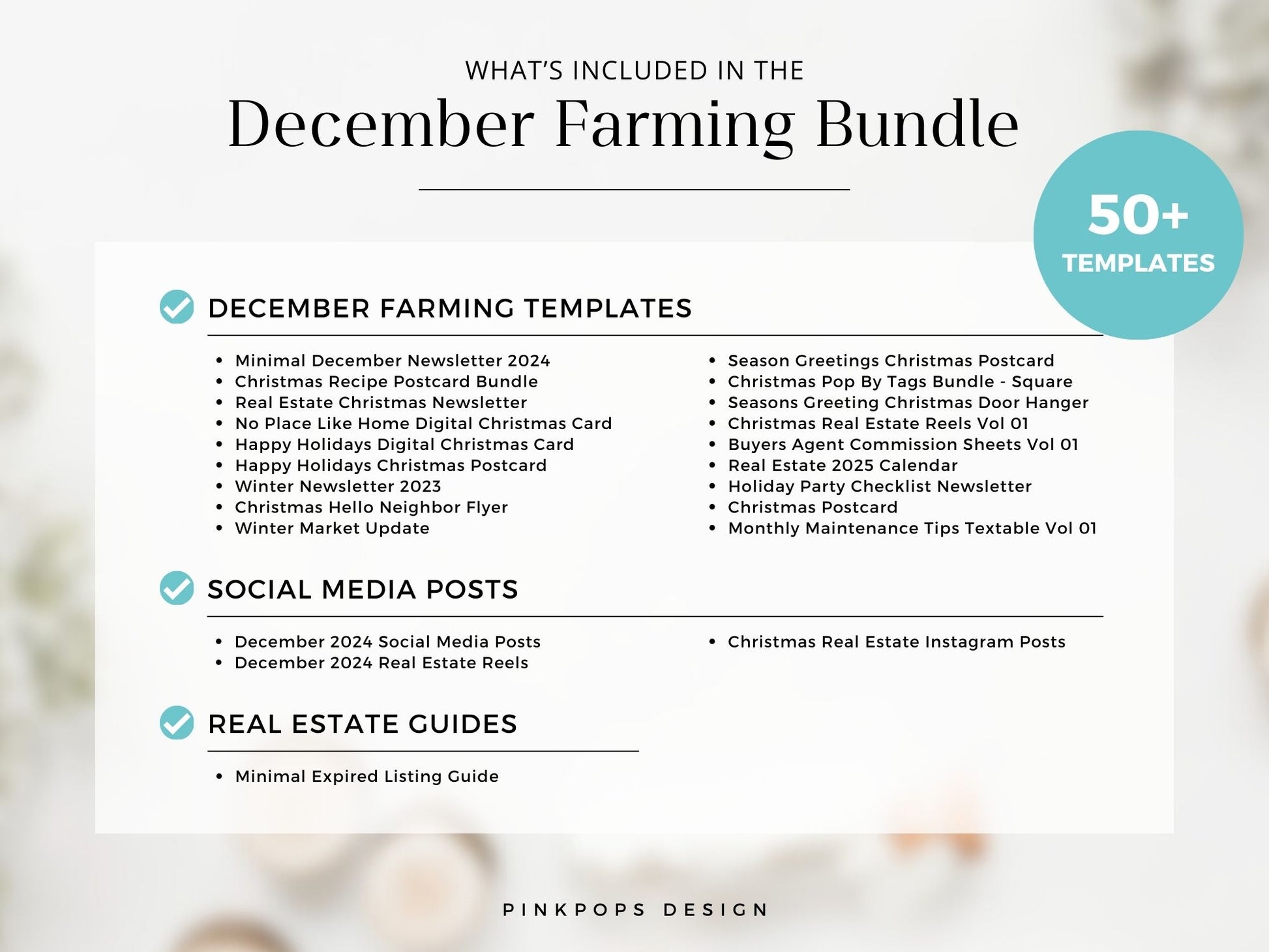 December Real Estate Farming Bundle with festive postcards, flyers, and letters for holiday marketing.