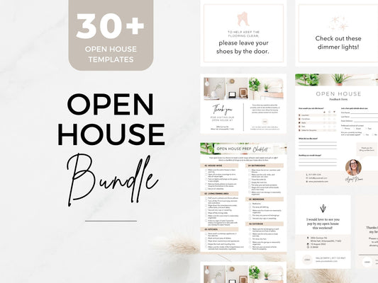 Real Estate Open House Bundle - Comprehensive collection of professional templates and tools for elevating open house events, including eye-catching flyers, directional signs, feedback forms, and Instagram templates.