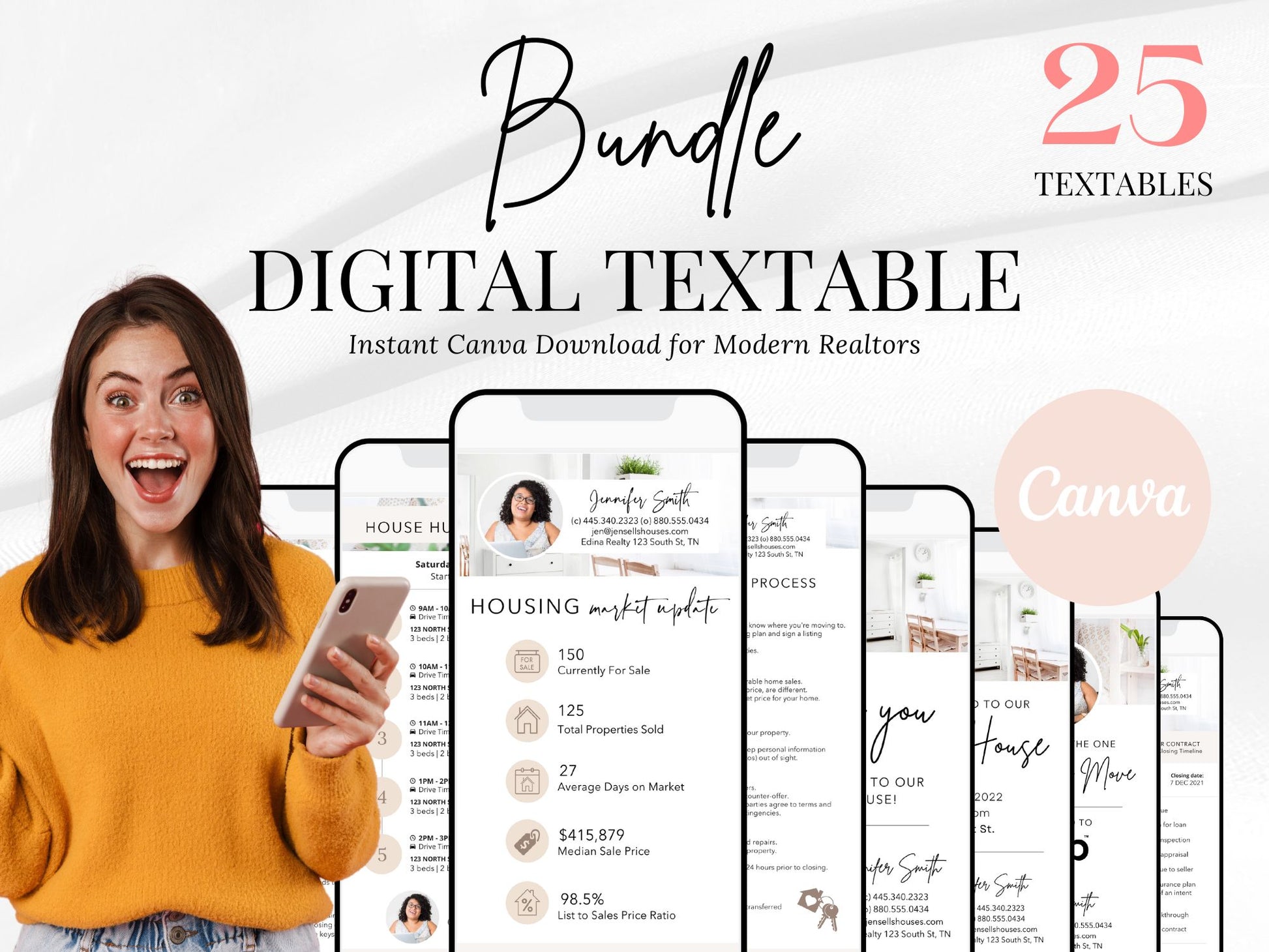 Real Estate Textable Bundle - Elevate your real estate communication with a comprehensive package of digital tools, including home buying and selling guides, market updates, house hunting schedules, and more.