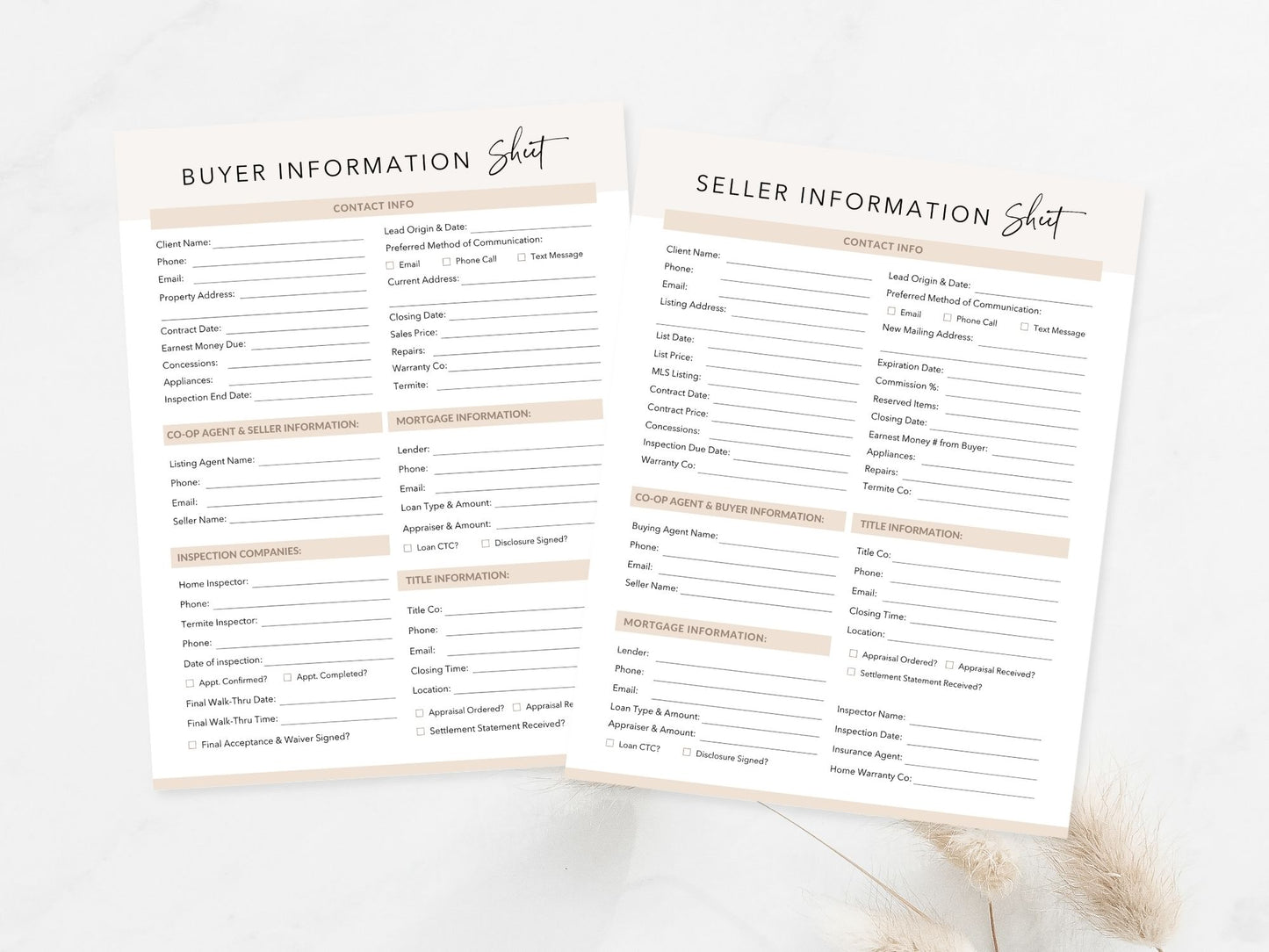 Real Estate Buyer & Seller Information Sheet - Editable template for gathering essential details from both buyers and sellers in the real estate transaction process.