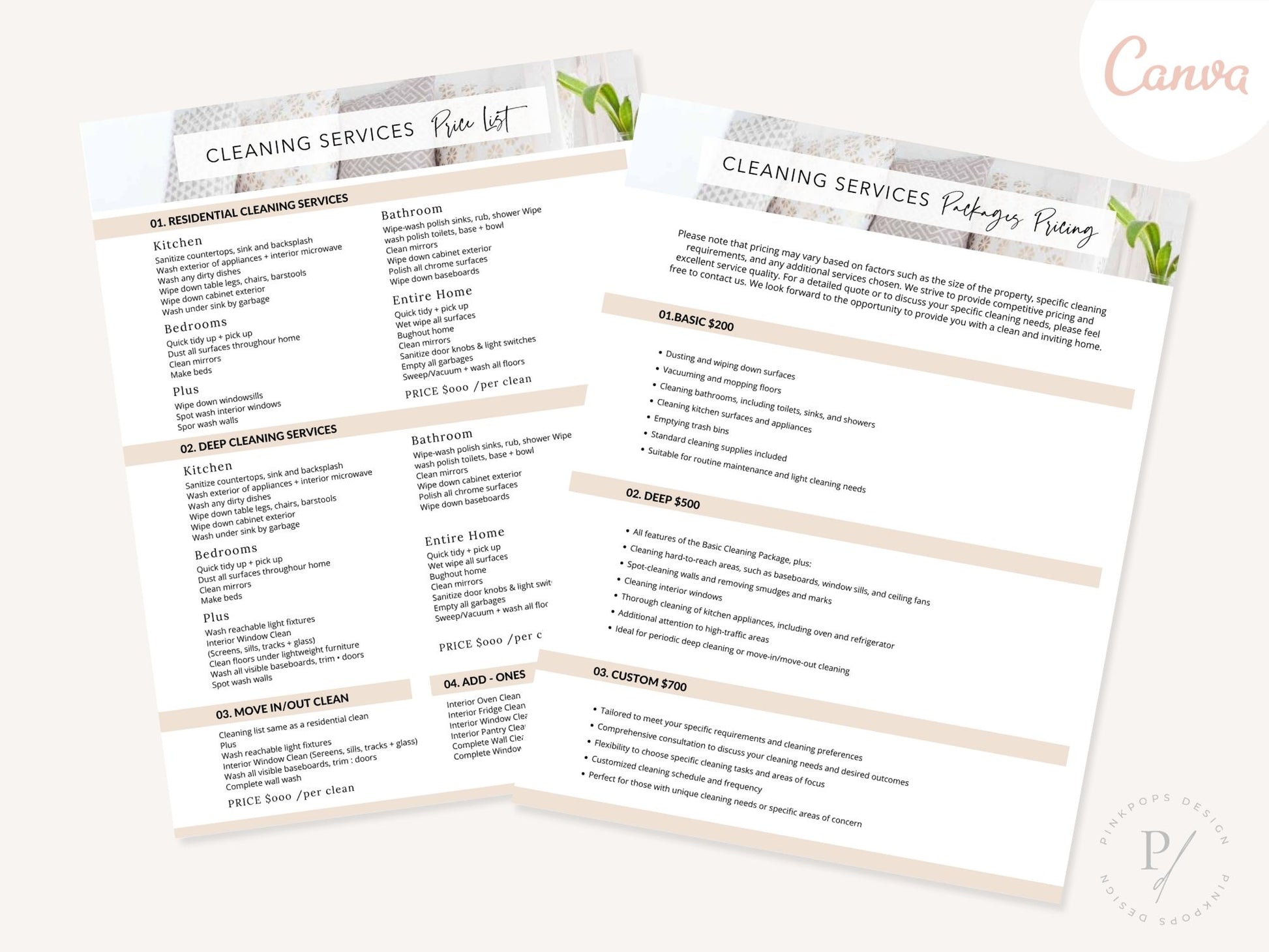 Cleaning Services Price List - Editable template for effectively communicating cleaning service rates, ensuring clarity and transparency for clients to easily understand and choose from a range of cleaning services.