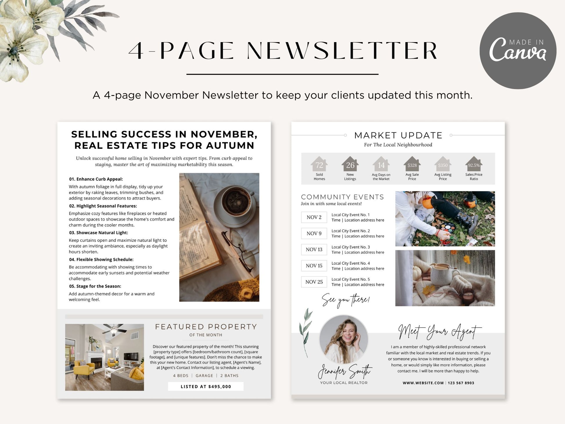 Minimal November Newsletter 2024 template for real estate professionals, featuring market
updates and seasonal advice.