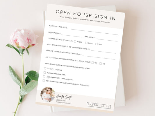 Real Estate Open House Sign-in Sheet - Efficient template for capturing guest information at open house events, fostering connections and enhancing professionalism.