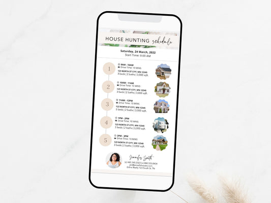 Real Estate Textable House Hunting Schedule - Simplify the house hunting experience with a digital schedule tool for convenient and organized assistance during the search for the perfect home.