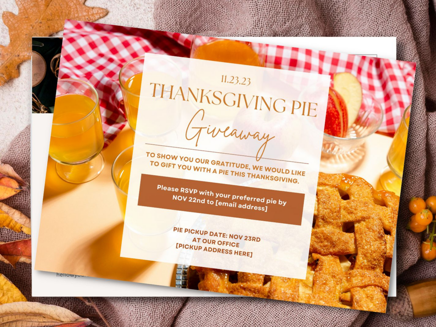 Real Estate Thanksgiving Pie Giveaway Postcard - Heartwarming postcard inviting clients to a delightful Thanksgiving pie giveaway for a memorable and engaging way to express gratitude and foster connections during the festive season.