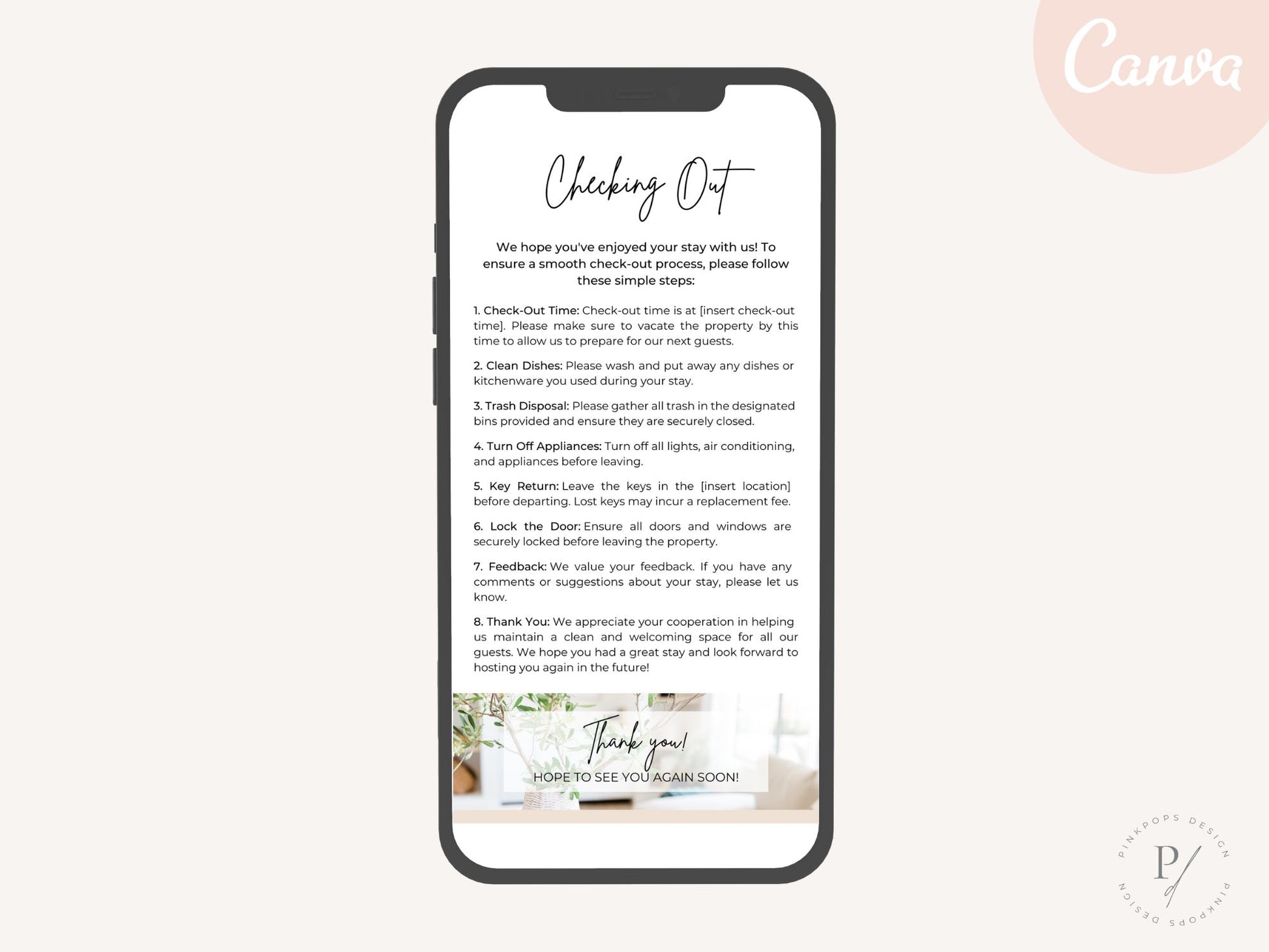Textable Airbnb Checking Out Page - Editable and digital template for providing clear instructions for a hassle-free departure in your vacation rental.