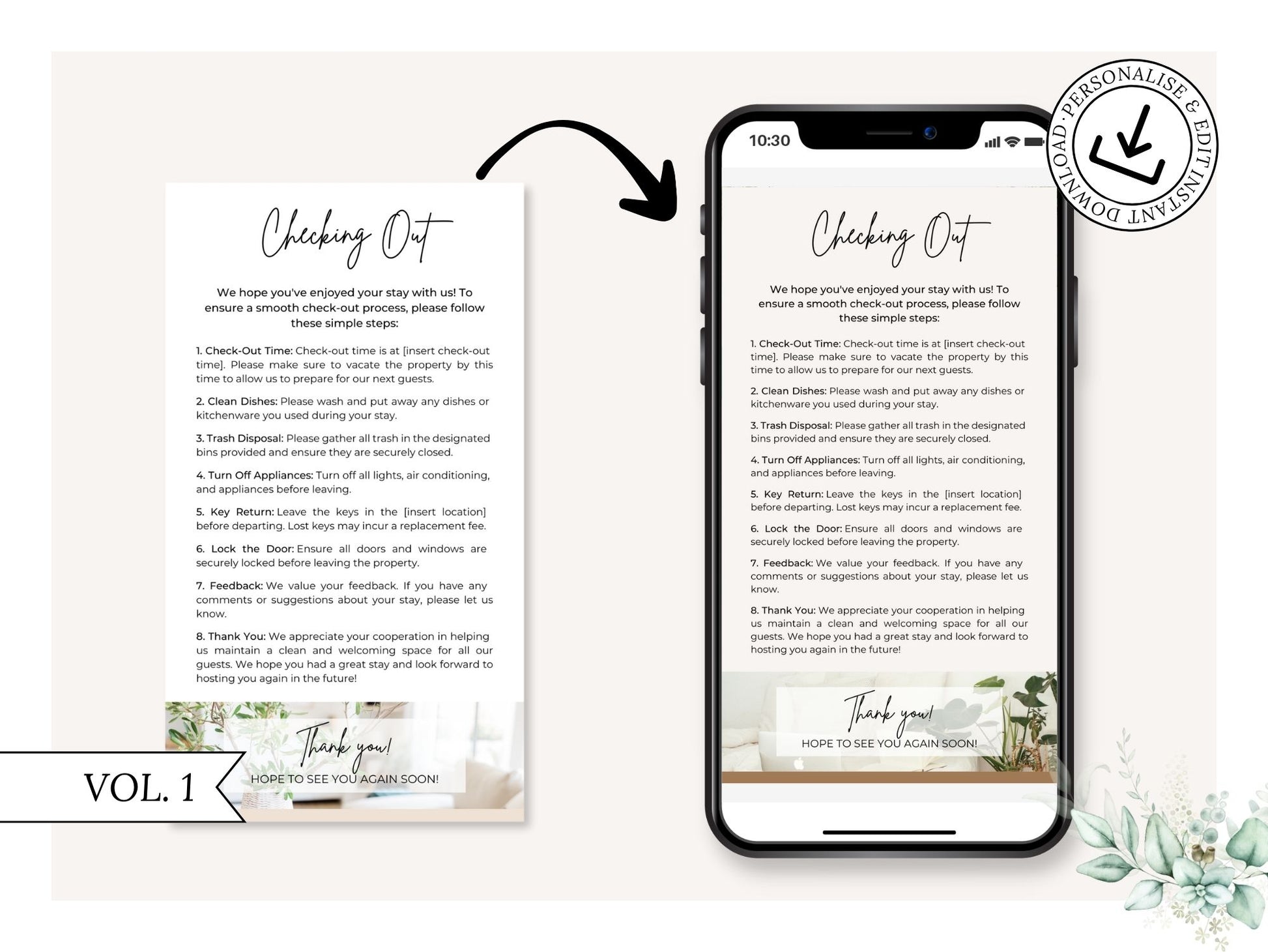 Textable Airbnb Checking Out Page - Editable and digital template for providing clear instructions for a hassle-free departure in your vacation rental.