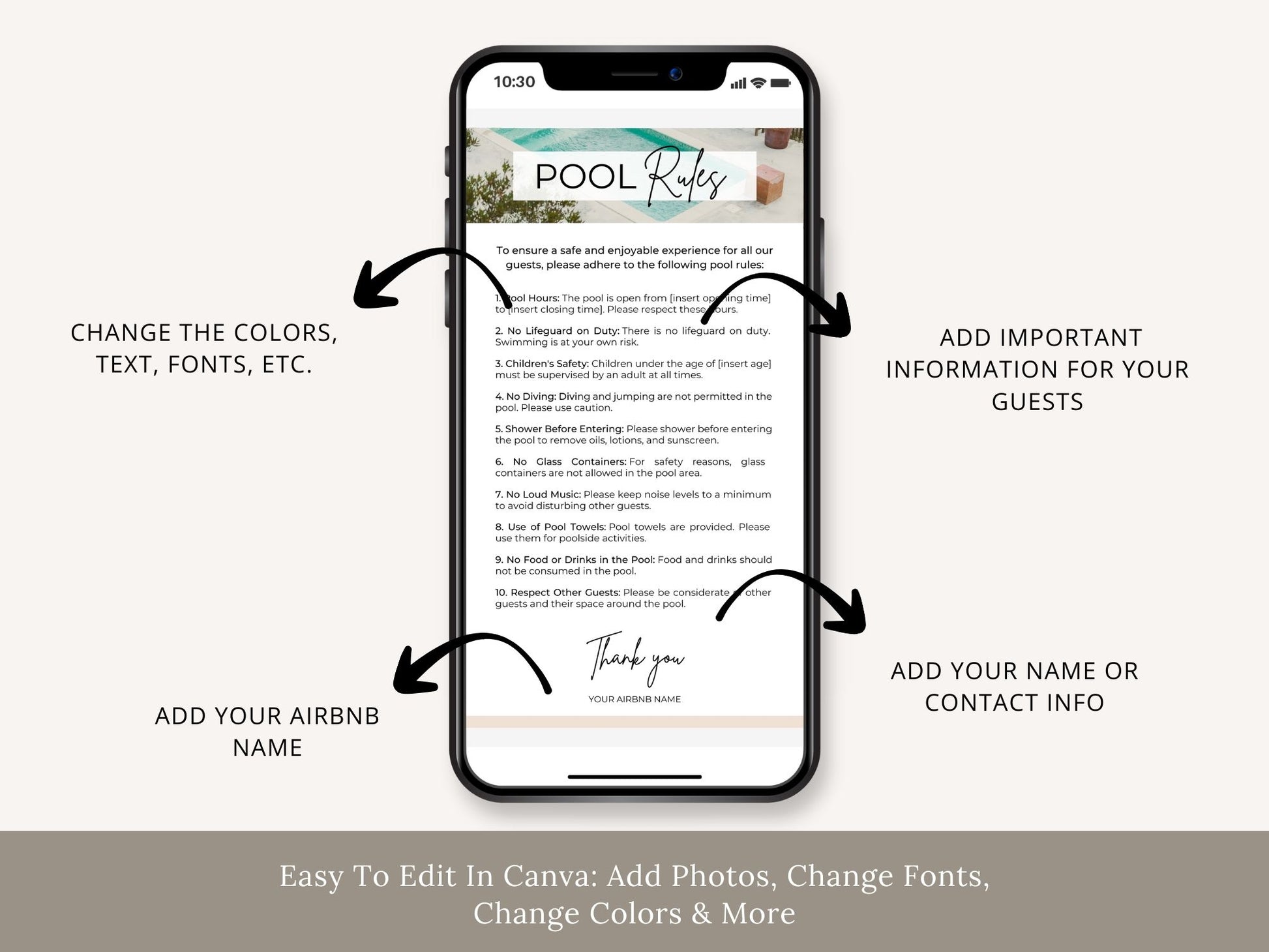 Textable Pool Rules Sign - Editable and digital vacation rental pool rules for seamless guest communication.