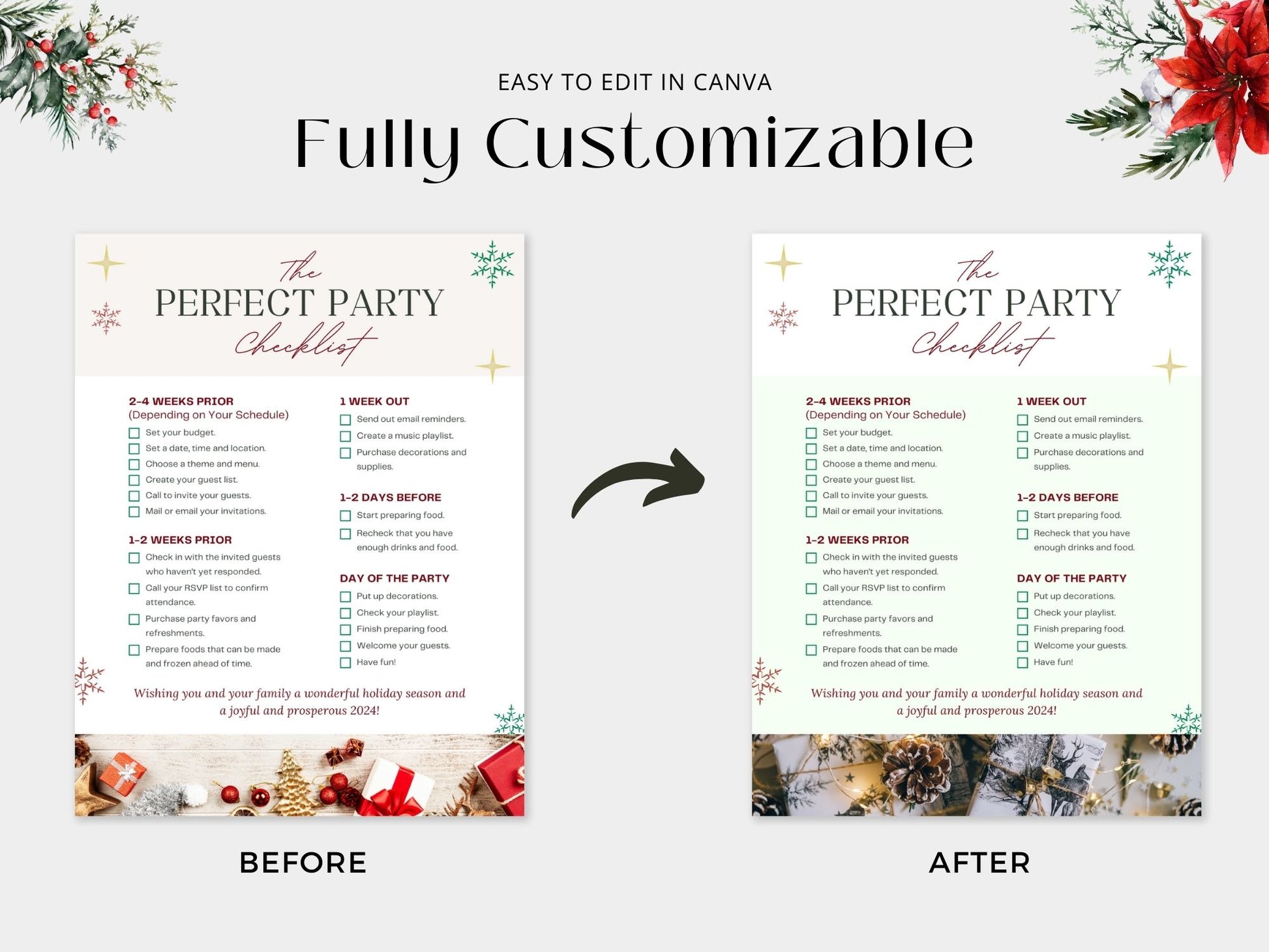 Christmas Holiday Newsletter - Elevate your marketing with festive tips. 'The Perfect Party Checklist' and 'Holiday Season Party Ideas' pages engage clients in holiday spirit, making this season memorable.