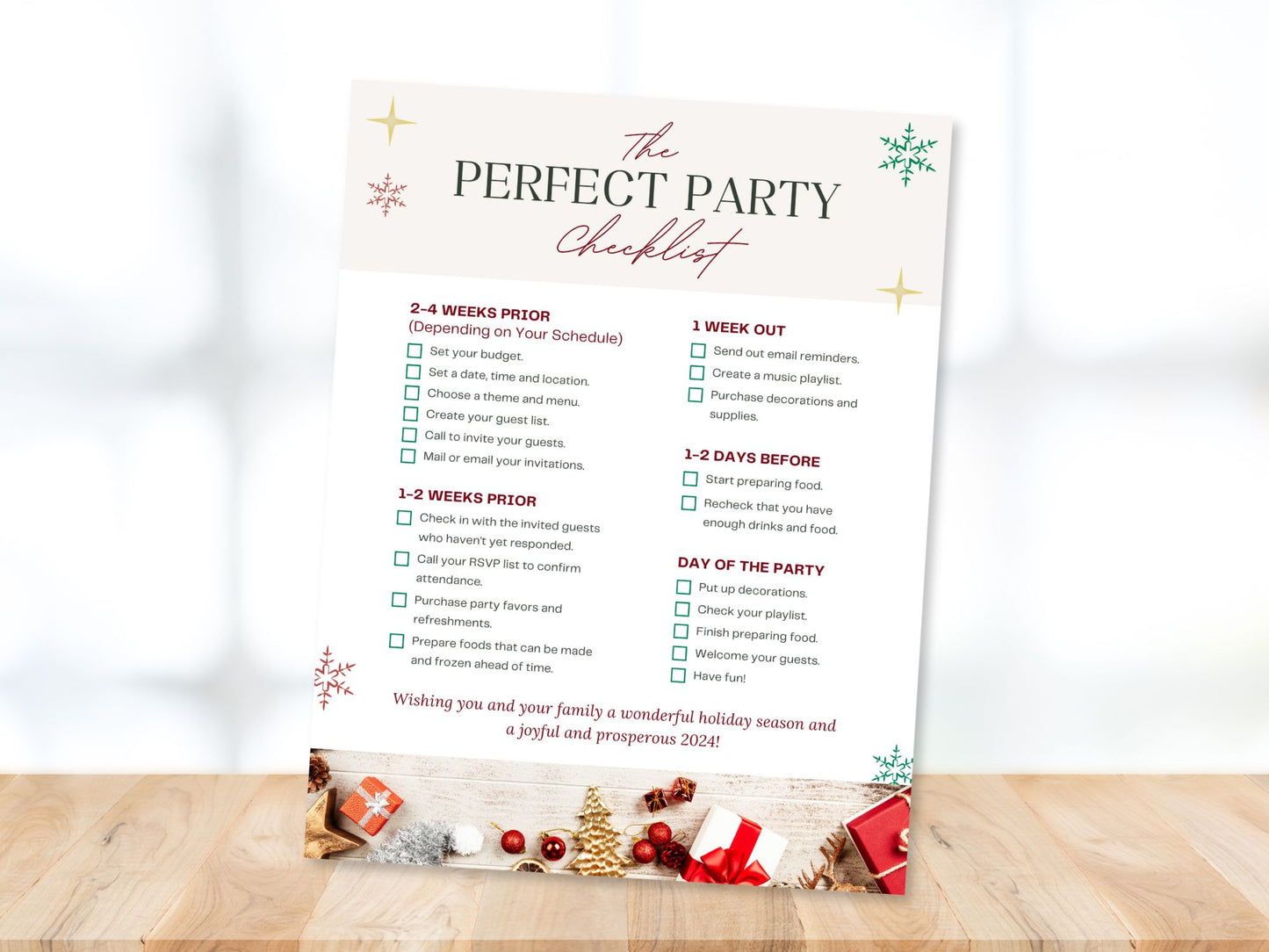 Christmas Holiday Newsletter - Elevate your marketing with festive tips. 'The Perfect Party Checklist' and 'Holiday Season Party Ideas' pages engage clients in holiday spirit, making this season memorable.