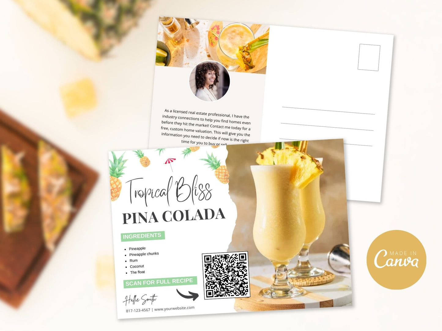 Pina Colada Recipe Postcard - Transport your clients to a tropical escape with a delightful postcard sharing the classic cocktail recipe. Cheers to memorable moments in real estate!