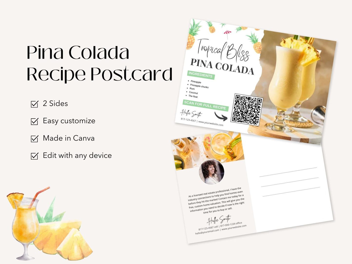 Pina Colada Recipe Postcard - Transport your clients to a tropical escape with a delightful postcard sharing the classic cocktail recipe. Cheers to memorable moments in real estate!