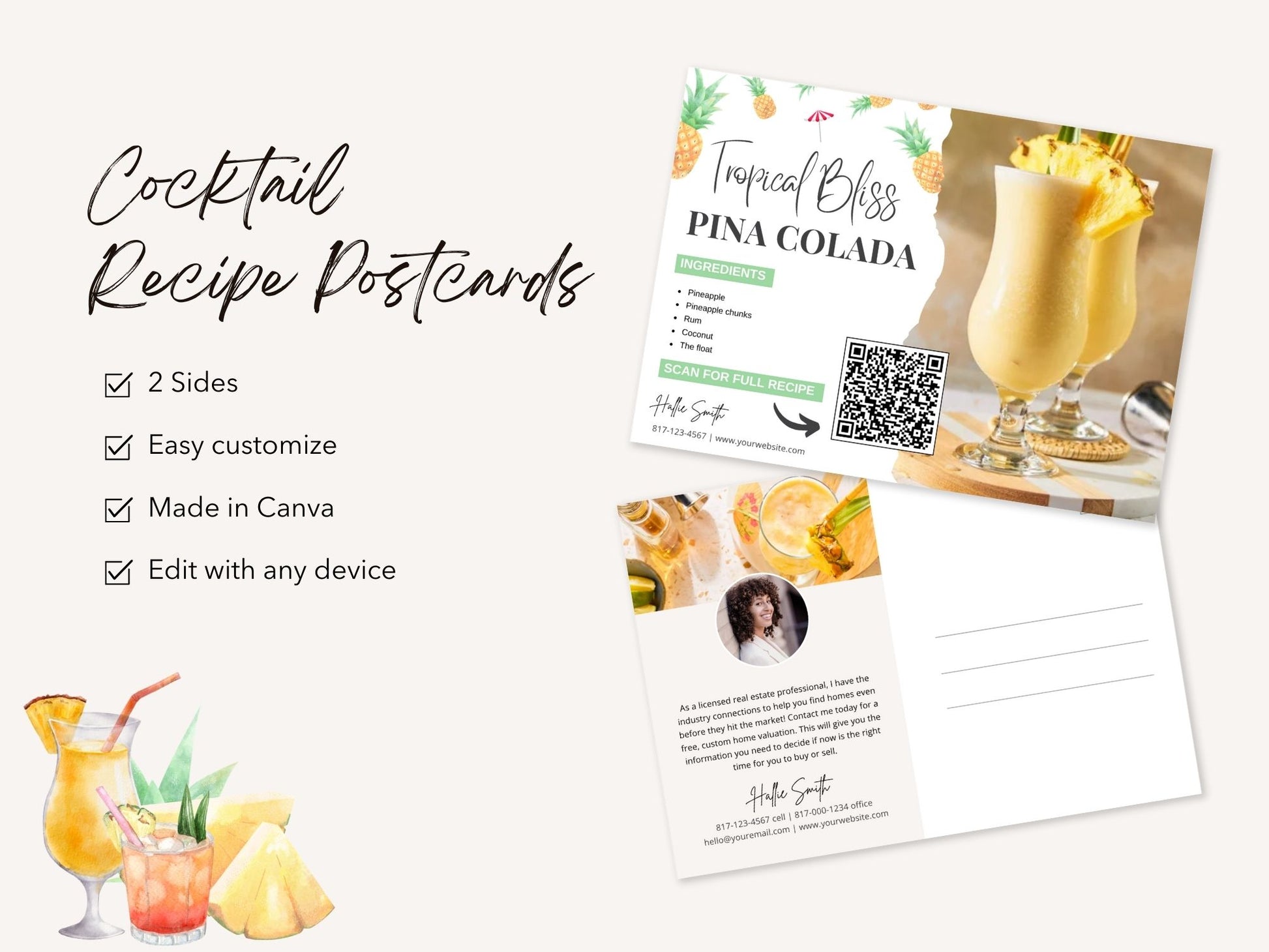 Cocktail Recipe Postcard Bundle - Elevate client connections with Pina Colada, Long Island Iced Tea, and Vodka Strawberry Lemonade recipes. Add a refreshing twist to real estate marketing with delightful cocktail recipe postcards.