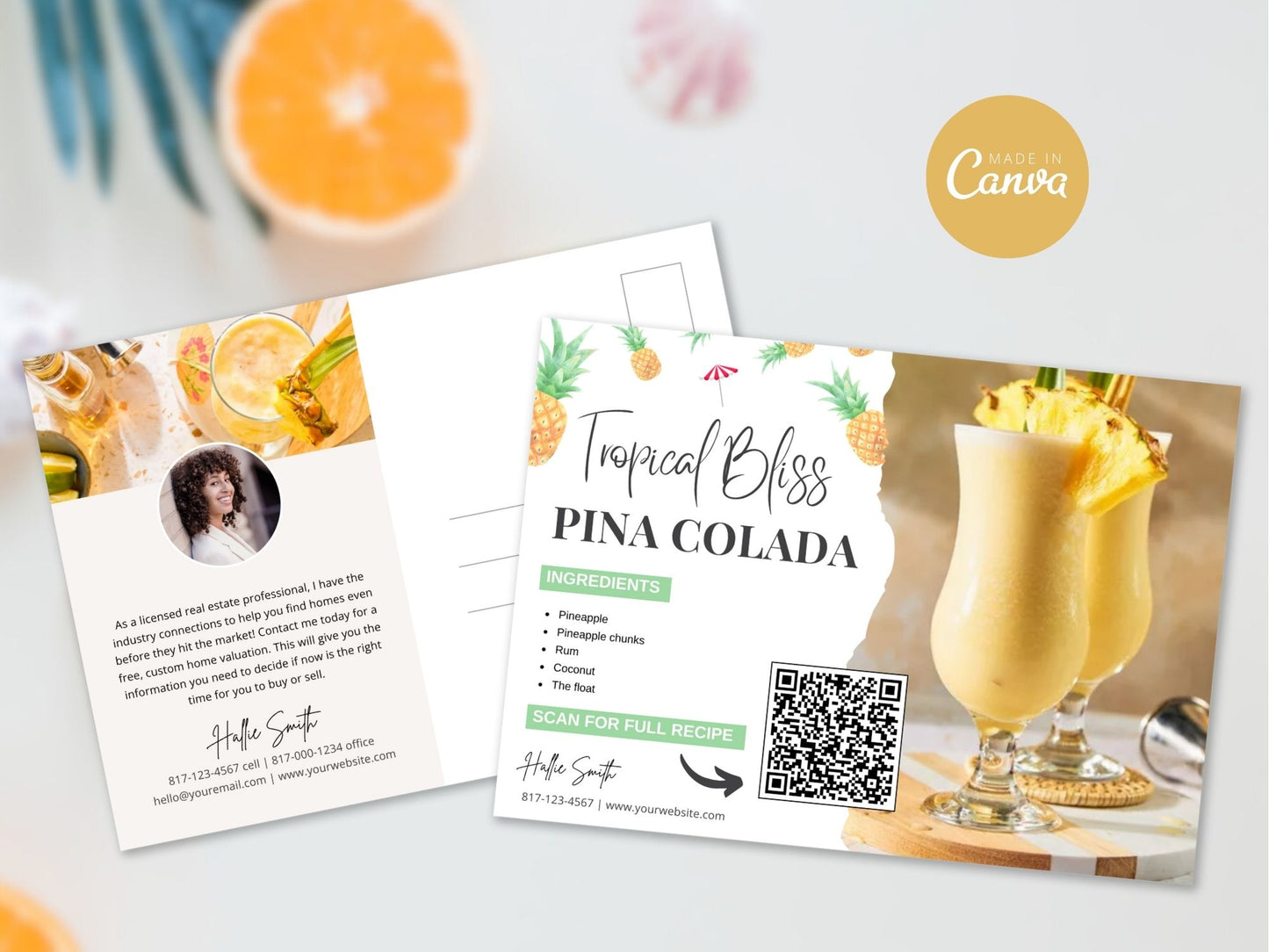 Cocktail Recipe Postcard Bundle - Elevate client connections with Pina Colada, Long Island Iced Tea, and Vodka Strawberry Lemonade recipes. Add a refreshing twist to real estate marketing with delightful cocktail recipe postcards.